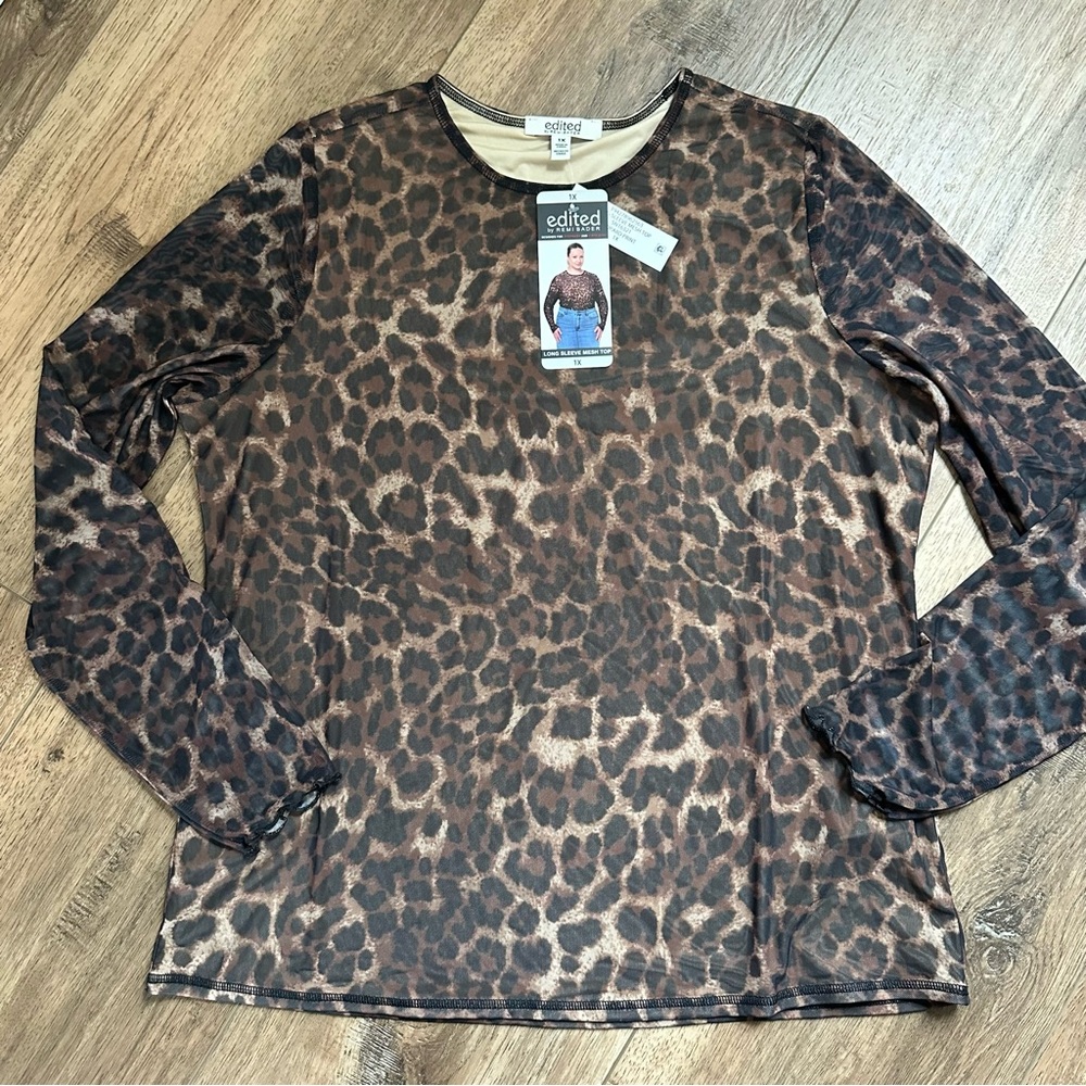 NWT!‎ Edited by Remi Bader Animal Print Mesh Blouse, Semi Sheer, Plus Size, 1X